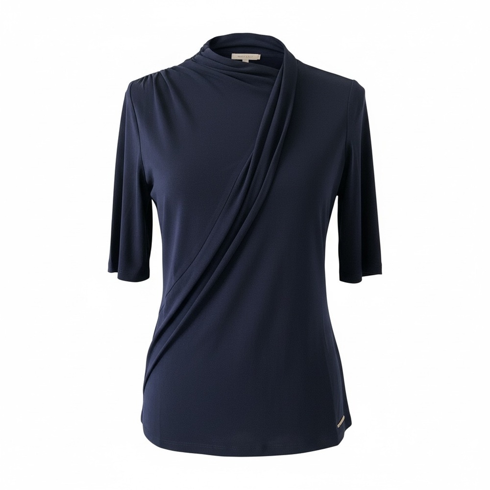 Halston Navy Draped Mock Neck Top
